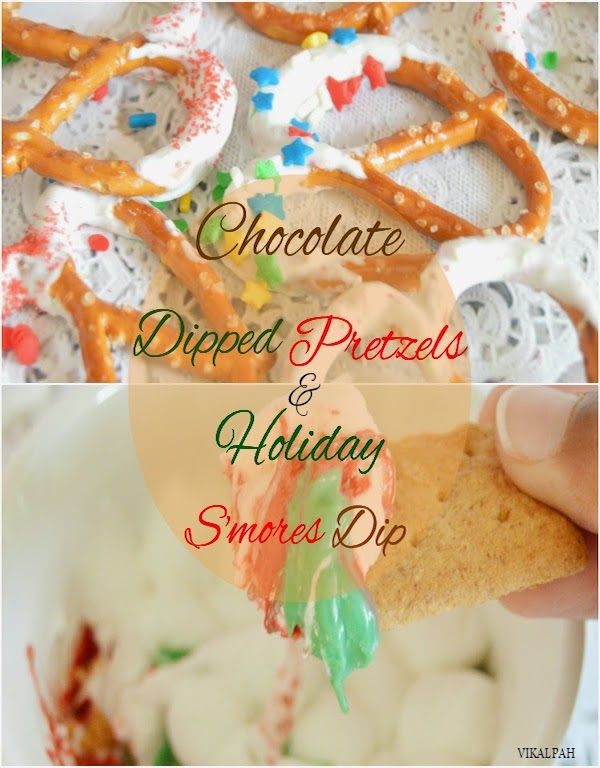 chocolate dipped pretzels and holiday smores dip