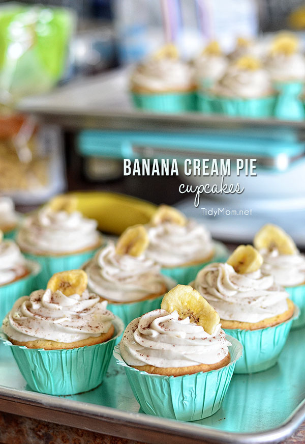 Banana Cream Pie Cupcakes:  French vanilla cupcake with banana custard filling and banana buttercream frosting.  recipe at TidyMom.net