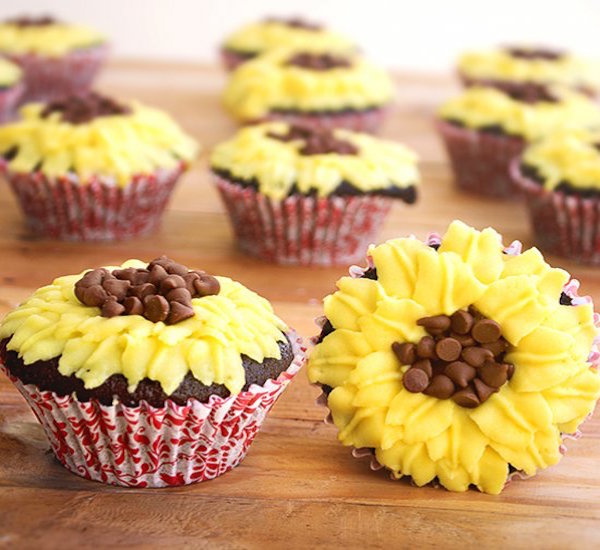 sunflower decorated chocolate cupcake