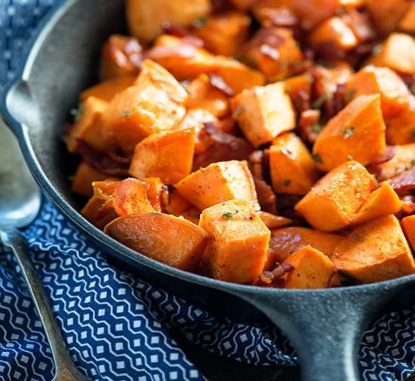 maple bacon roasted sweet potatoes