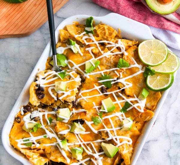 vegetarian black bean chilaquiles casserole