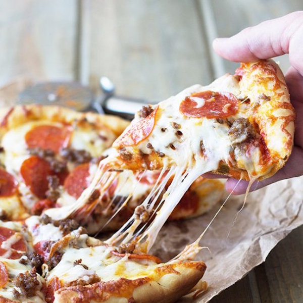 deep dish three meat pizza