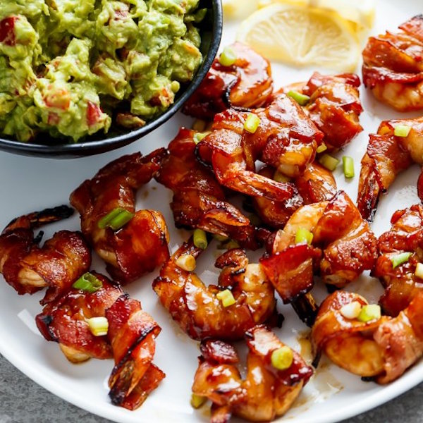 bacon wrapped barbecue honey garlic prawns