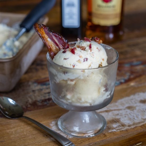 ice cream with maple, bourbon, candied bacon and pecans