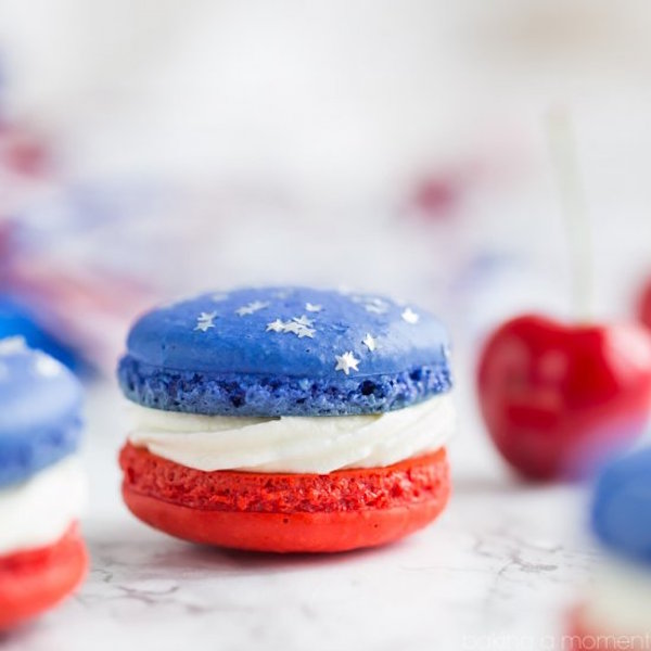 red, white, and blue cherry cheesecake macarons