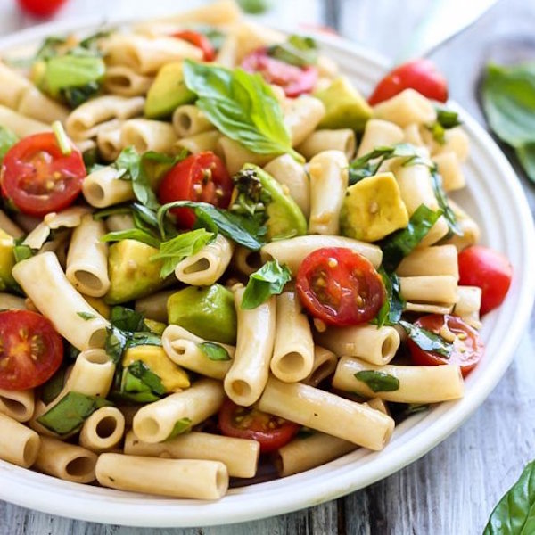 vegan avocado caprese pasta salad