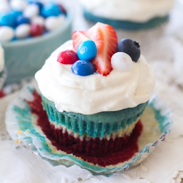 red, white, and blue velvet cupcakes