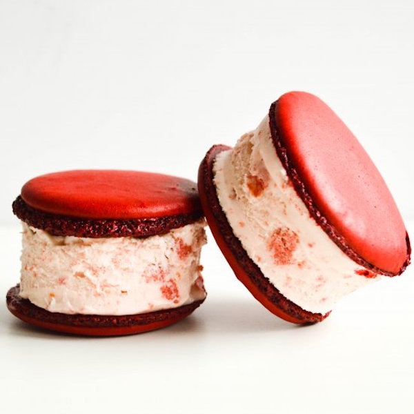 red velvet macaron ice cream sandwiches