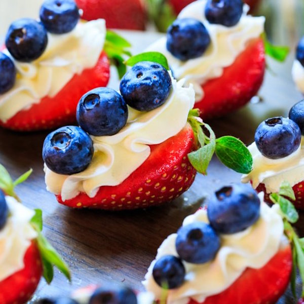 red, white, and blue cheesecake strawberries